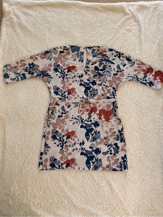 mbyM Dresses & Skirts - Floral Print Midi Dress with Tie Waist - Blush & Navy